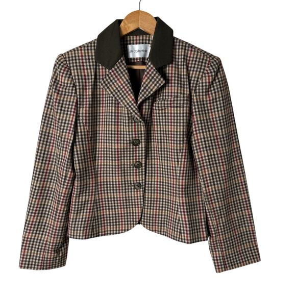 Vintage 100% Wool Tweed Fitted Blazer Jacket in Brown Tan Houndstooth Plaid, 8 - Picture 1 of 13